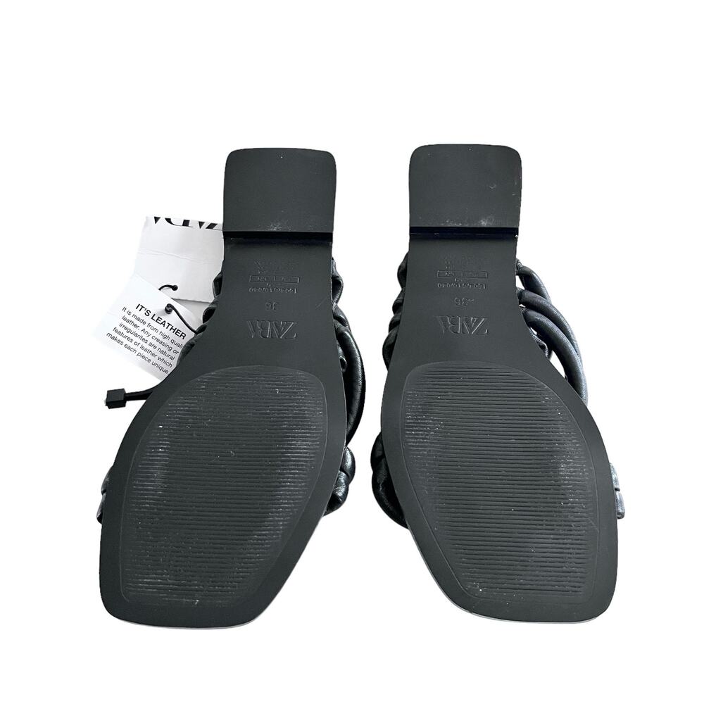 Zara Woman’s Black Tube Leather Flat Sandals size 6 NWT - Picture 4 of 6